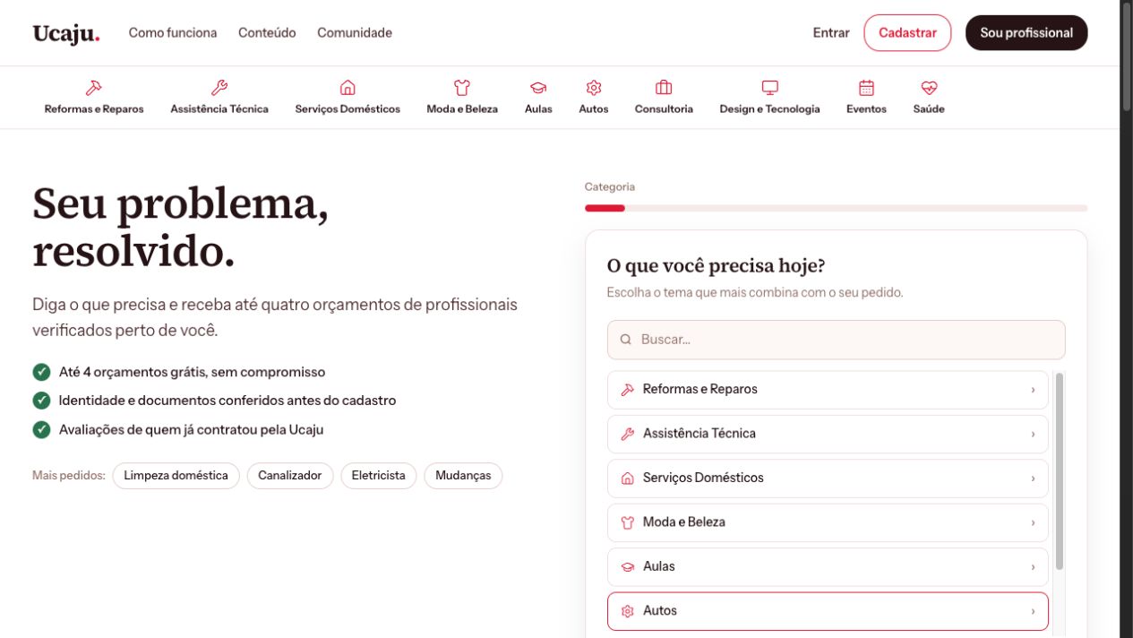 Página inicial da Ucaju para solicitar orçamentos de profissionais verificados
